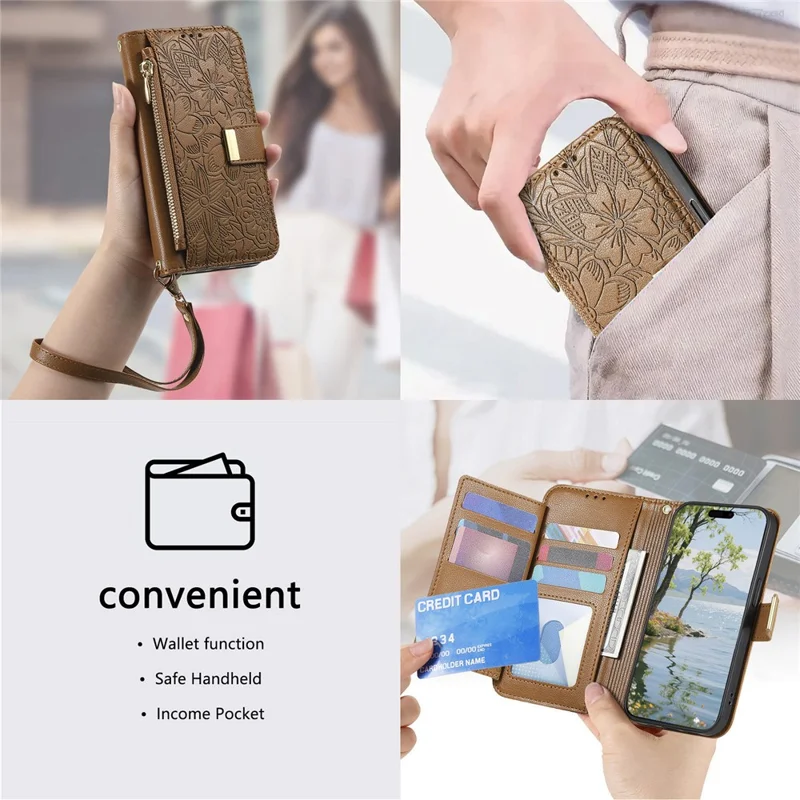 Custodia per telefono per Honor 400 Smart 5G / 400 Smart 4G / X7d 4G / X7d 5G con motivo floreale e foglie, porta carte multiplo, custodia in pelle con cerniera e tracolla - Marrone