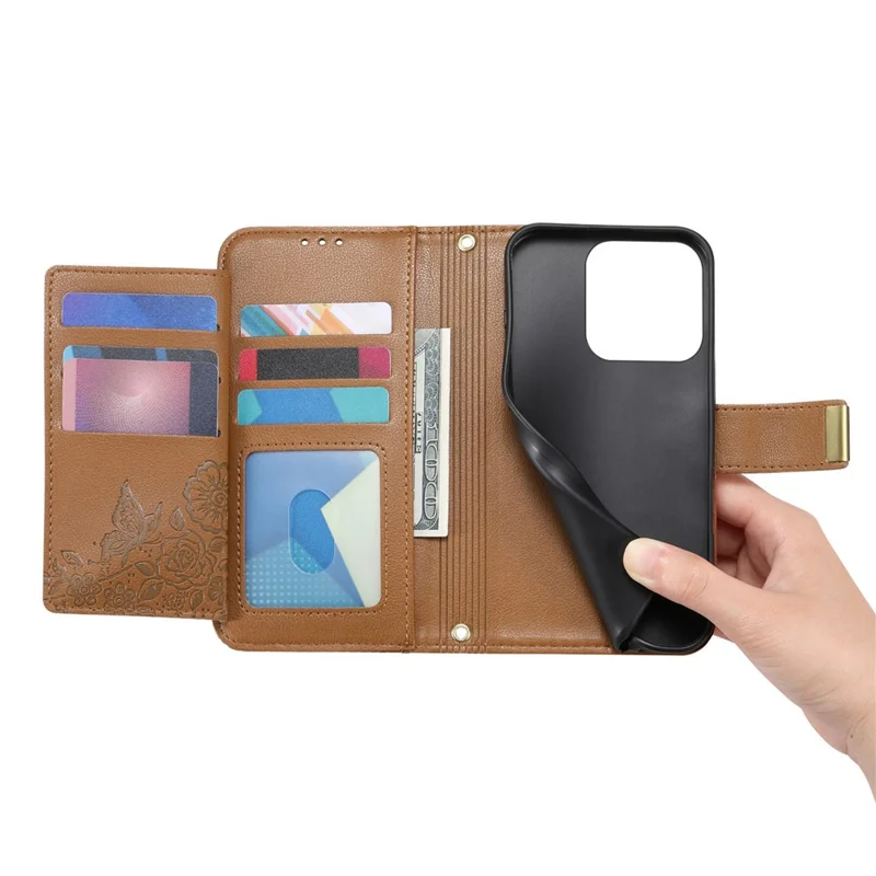 Custodia per telefono per Honor 400 Smart 5G / 400 Smart 4G / X7d 4G / X7d 5G con motivo floreale e foglie, porta carte multiplo, custodia in pelle con cerniera e tracolla - Marrone