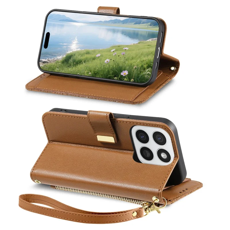 Custodia per telefono per Honor 400 Smart 5G / 400 Smart 4G / X7d 4G / X7d 5G con motivo floreale e foglie, porta carte multiplo, custodia in pelle con cerniera e tracolla - Marrone