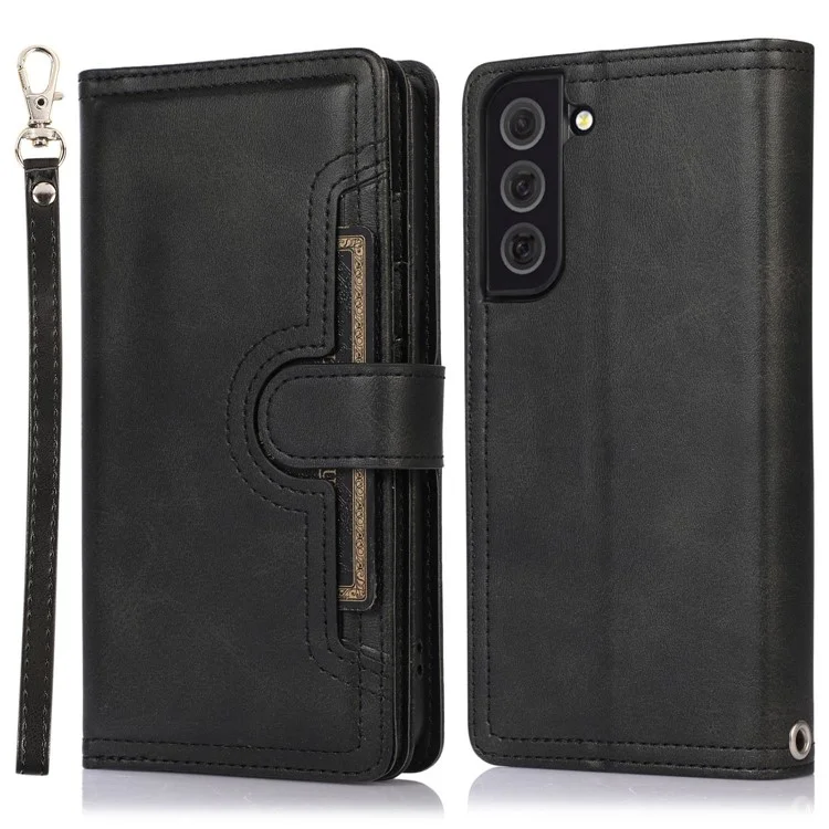 Pour Samsung Galaxy S23 Split Leather Magnetic Flip Protective Case Stand Multiple Card Slots Wallet Phone Cover with Hand Strap - Noir