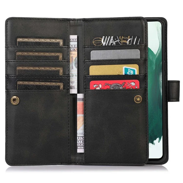 Pour Samsung Galaxy S23 Split Leather Magnetic Flip Protective Case Stand Multiple Card Slots Wallet Phone Cover with Hand Strap - Noir