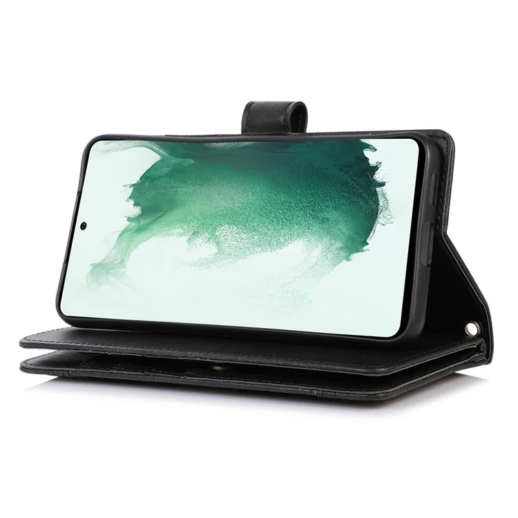 Pour Samsung Galaxy S23 Split Leather Magnetic Flip Protective Case Stand Multiple Card Slots Wallet Phone Cover with Hand Strap - Noir