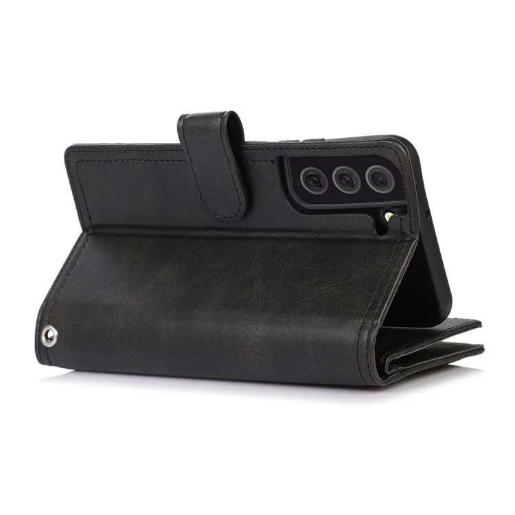 Pour Samsung Galaxy S23 Split Leather Magnetic Flip Protective Case Stand Multiple Card Slots Wallet Phone Cover with Hand Strap - Noir