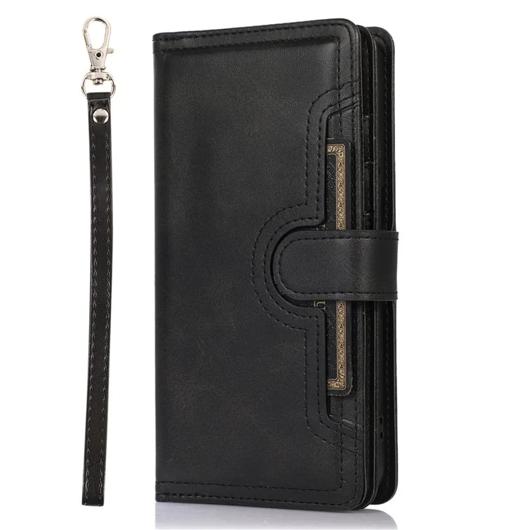 Pour Samsung Galaxy S23 Split Leather Magnetic Flip Protective Case Stand Multiple Card Slots Wallet Phone Cover with Hand Strap - Noir