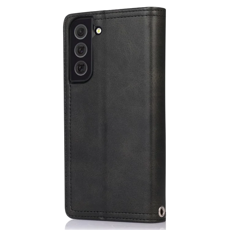 Pour Samsung Galaxy S23 Split Leather Magnetic Flip Protective Case Stand Multiple Card Slots Wallet Phone Cover with Hand Strap - Noir