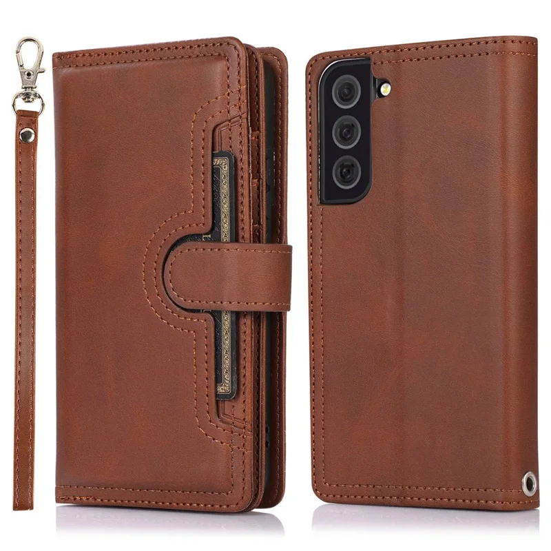 For Samsung Galaxy S23 Split Leather Magnetic Flip Protective Case Stand Multiple Card Slots Wallet Phone Cover with Hand Strap - Coffee