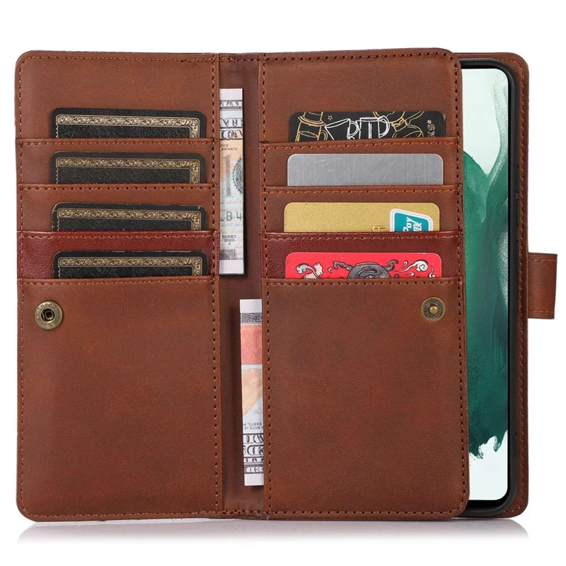 For Samsung Galaxy S23 Split Leather Magnetic Flip Protective Case Stand Multiple Card Slots Wallet Phone Cover with Hand Strap - Coffee