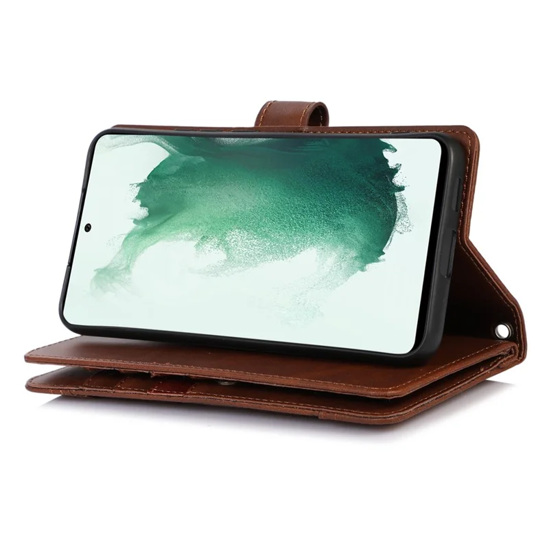 For Samsung Galaxy S23 Split Leather Magnetic Flip Protective Case Stand Multiple Card Slots Wallet Phone Cover with Hand Strap - Coffee