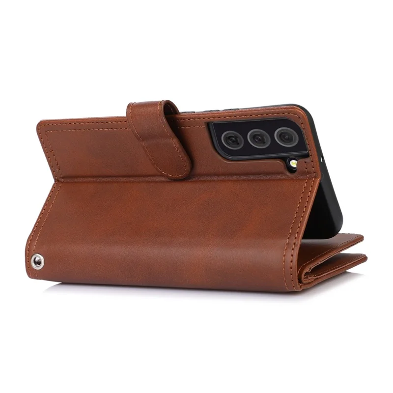 For Samsung Galaxy S23 Split Leather Magnetic Flip Protective Case Stand Multiple Card Slots Wallet Phone Cover with Hand Strap - Coffee