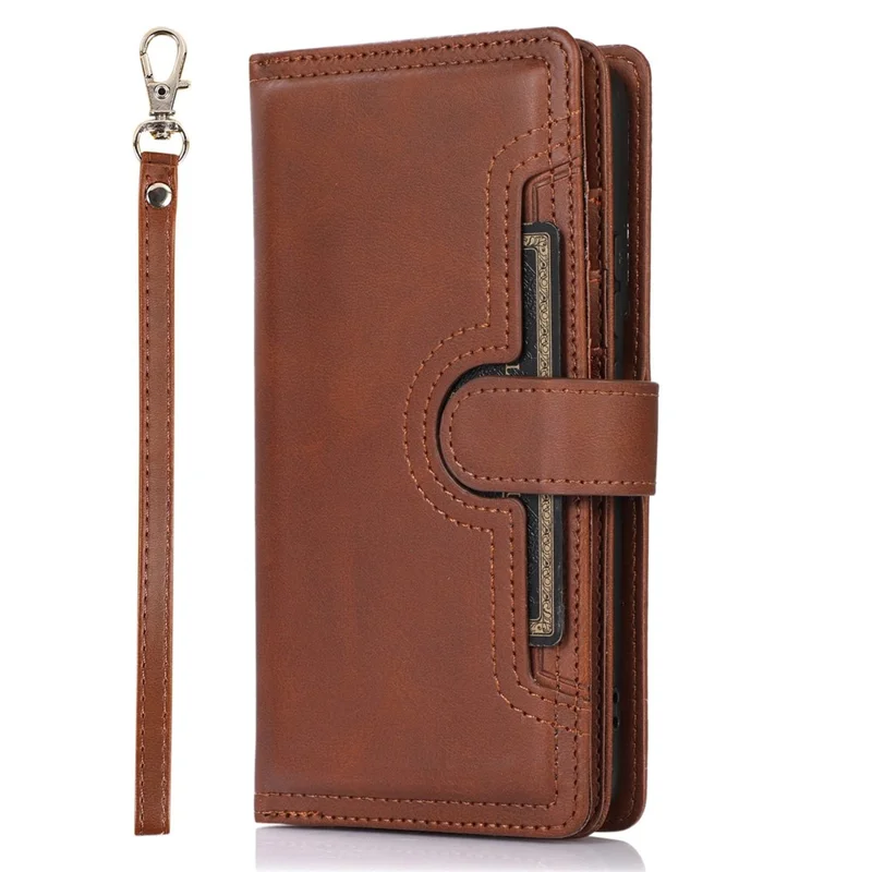 For Samsung Galaxy S23 Split Leather Magnetic Flip Protective Case Stand Multiple Card Slots Wallet Phone Cover with Hand Strap - Coffee