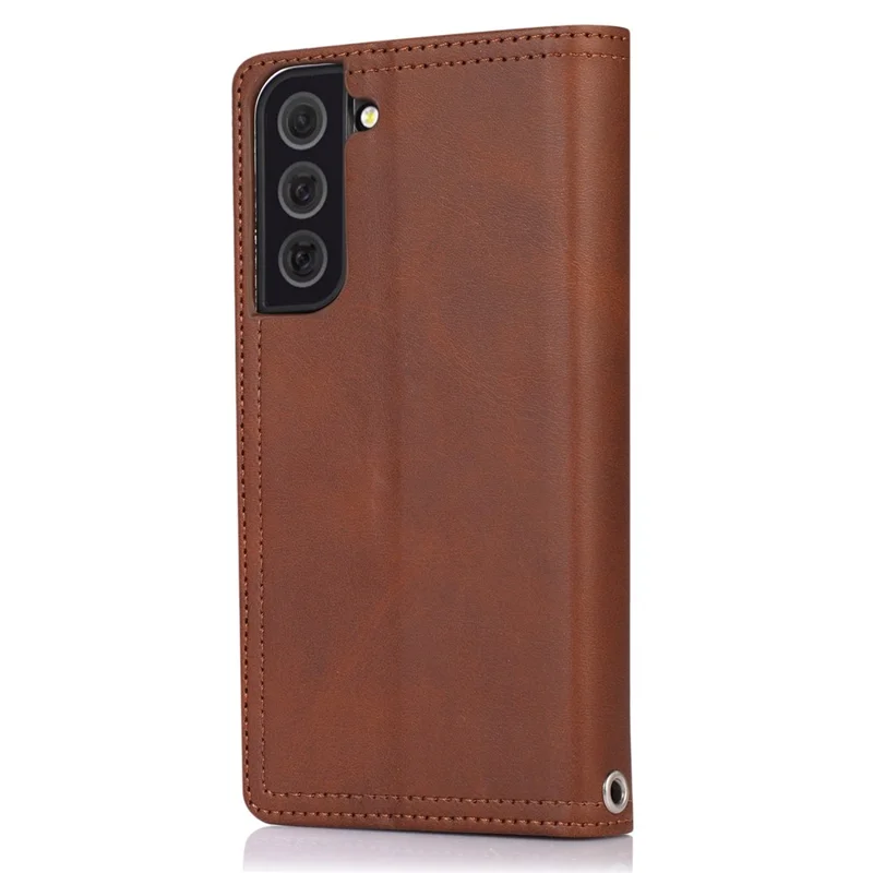For Samsung Galaxy S23 Split Leather Magnetic Flip Protective Case Stand Multiple Card Slots Wallet Phone Cover with Hand Strap - Coffee