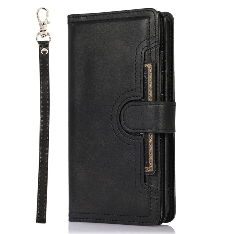 For Samsung Galaxy S23+ Split Leather Flip Wallet Case Stand Multiple Card Slots Magnetic Protect Phone Cover with Hand Strap - Black