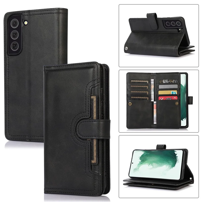 For Samsung Galaxy S23+ Split Leather Flip Wallet Case Stand Multiple Card Slots Magnetic Protect Phone Cover with Hand Strap - Black