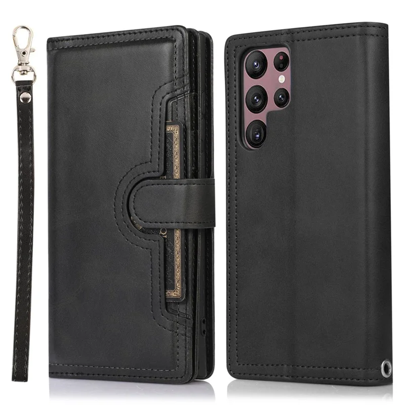 For Samsung Galaxy S23 Ultra Split Leather Multiple Card Slots Phone Case Stand Feature Wallet Flip Magnetic Cover with Hand Strap - Black