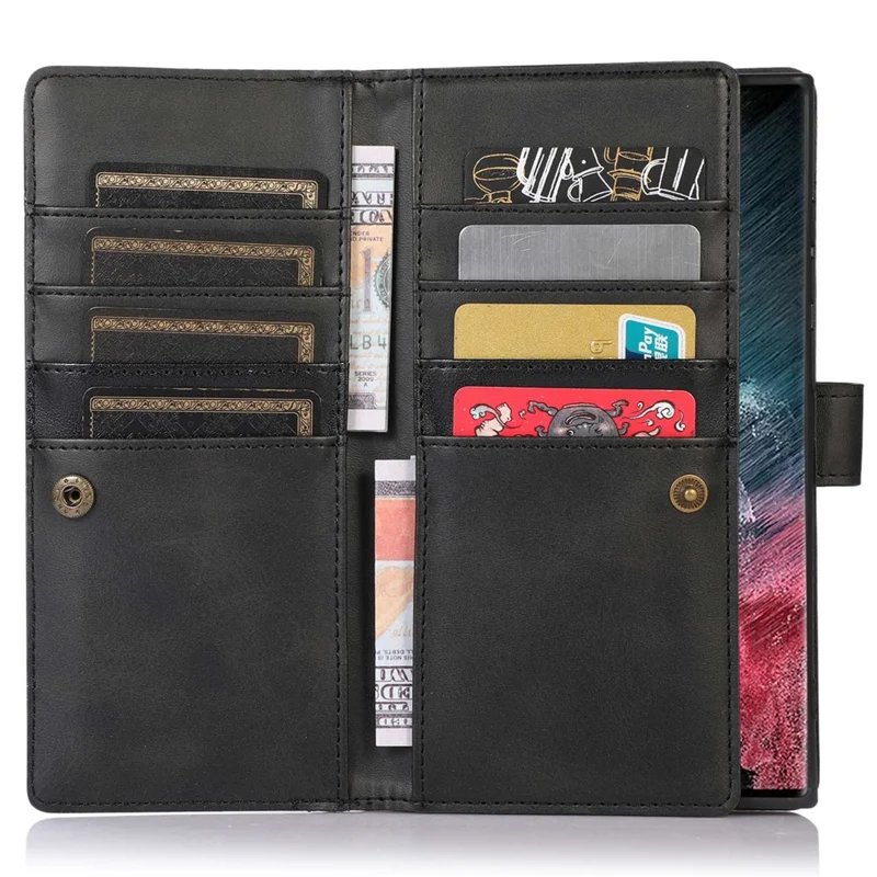 For Samsung Galaxy S23 Ultra Split Leather Multiple Card Slots Phone Case Stand Feature Wallet Flip Magnetic Cover with Hand Strap - Black
