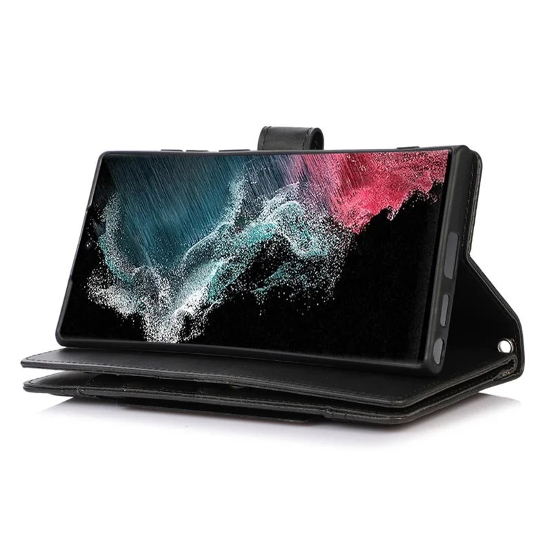 For Samsung Galaxy S23 Ultra Split Leather Multiple Card Slots Phone Case Stand Feature Wallet Flip Magnetic Cover with Hand Strap - Black