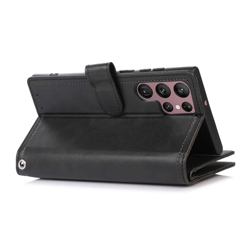 For Samsung Galaxy S23 Ultra Split Leather Multiple Card Slots Phone Case Stand Feature Wallet Flip Magnetic Cover with Hand Strap - Black