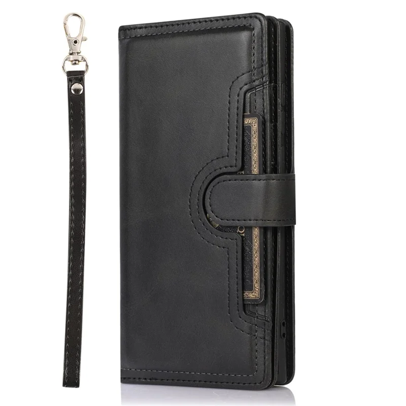 For Samsung Galaxy S23 Ultra Split Leather Multiple Card Slots Phone Case Stand Feature Wallet Flip Magnetic Cover with Hand Strap - Black