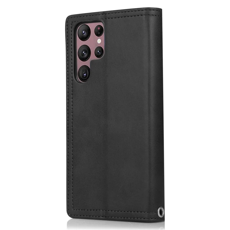 For Samsung Galaxy S23 Ultra Split Leather Multiple Card Slots Phone Case Stand Feature Wallet Flip Magnetic Cover with Hand Strap - Black