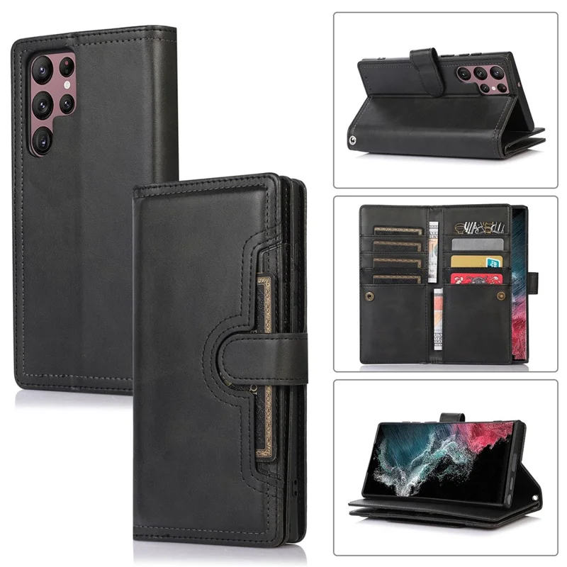 For Samsung Galaxy S23 Ultra Split Leather Multiple Card Slots Phone Case Stand Feature Wallet Flip Magnetic Cover with Hand Strap - Black