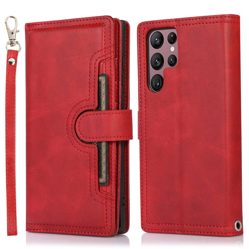 For Samsung Galaxy S23 Ultra Split Leather Multiple Card Slots Phone Case Stand Feature Wallet Flip Magnetic Cover with Hand Strap - Red