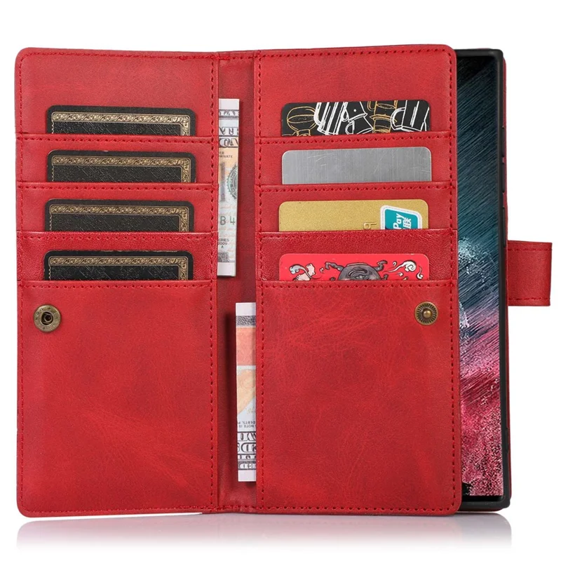 For Samsung Galaxy S23 Ultra Split Leather Multiple Card Slots Phone Case Stand Feature Wallet Flip Magnetic Cover with Hand Strap - Red
