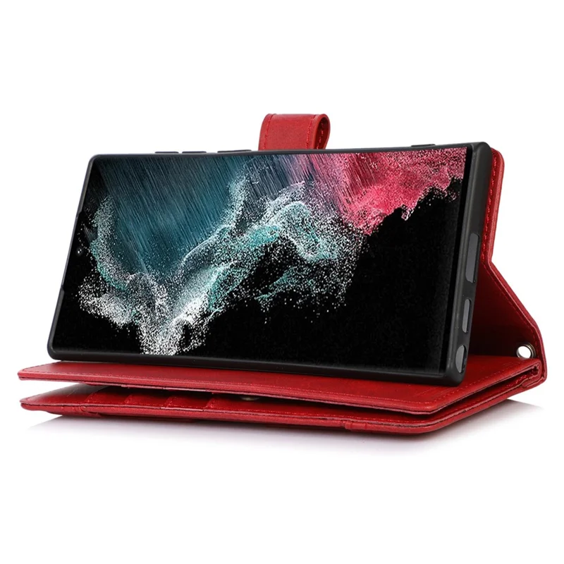For Samsung Galaxy S23 Ultra Split Leather Multiple Card Slots Phone Case Stand Feature Wallet Flip Magnetic Cover with Hand Strap - Red