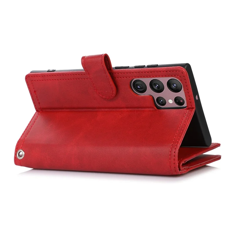 For Samsung Galaxy S23 Ultra Split Leather Multiple Card Slots Phone Case Stand Feature Wallet Flip Magnetic Cover with Hand Strap - Red