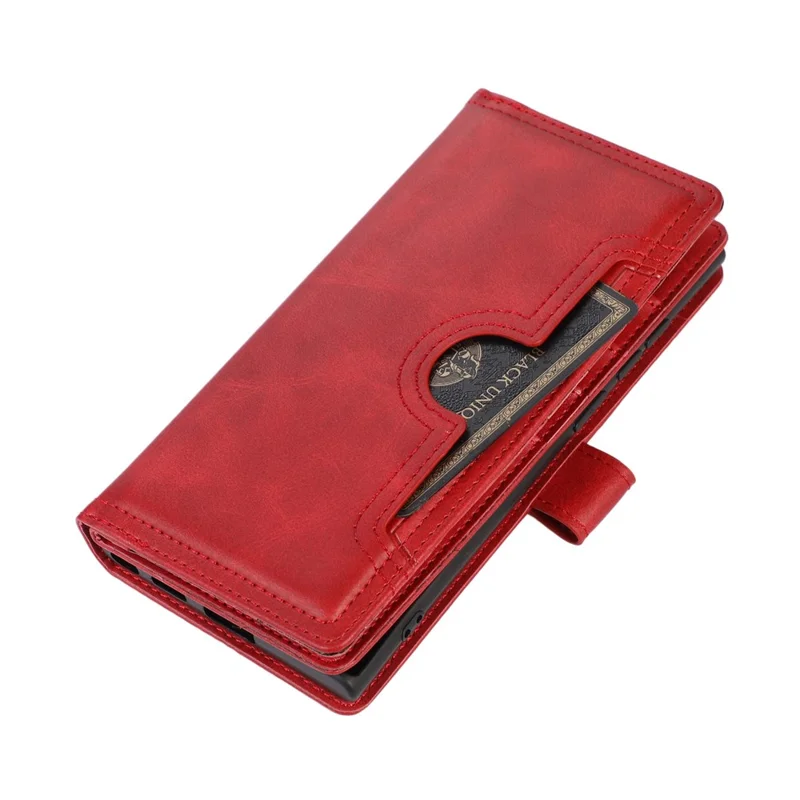 For Samsung Galaxy S23 Ultra Split Leather Multiple Card Slots Phone Case Stand Feature Wallet Flip Magnetic Cover with Hand Strap - Red
