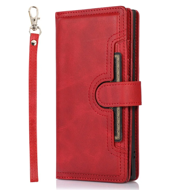 For Samsung Galaxy S23 Ultra Split Leather Multiple Card Slots Phone Case Stand Feature Wallet Flip Magnetic Cover with Hand Strap - Red