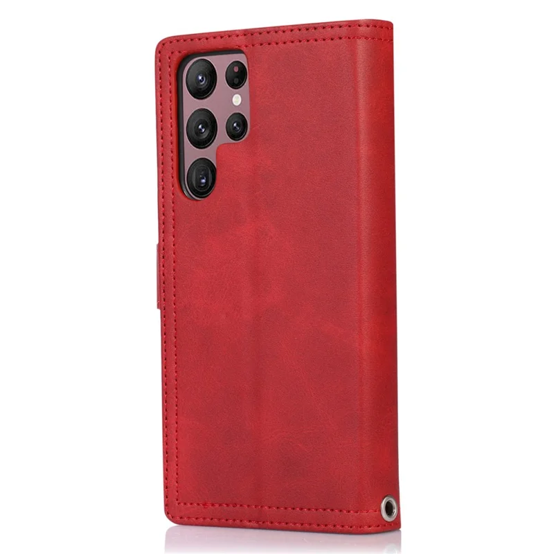 For Samsung Galaxy S23 Ultra Split Leather Multiple Card Slots Phone Case Stand Feature Wallet Flip Magnetic Cover with Hand Strap - Red