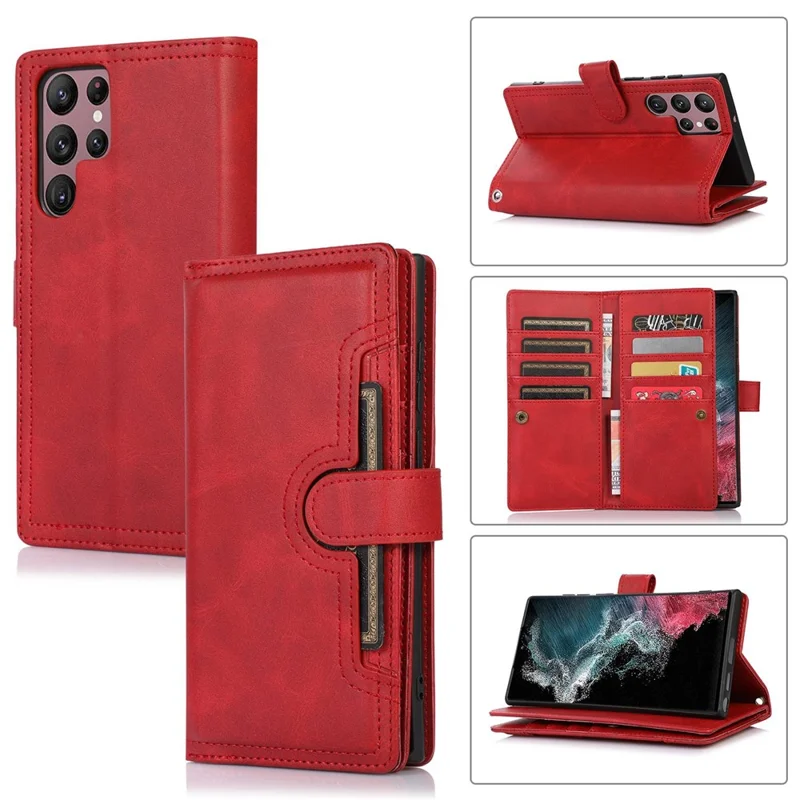 For Samsung Galaxy S23 Ultra Split Leather Multiple Card Slots Phone Case Stand Feature Wallet Flip Magnetic Cover with Hand Strap - Red