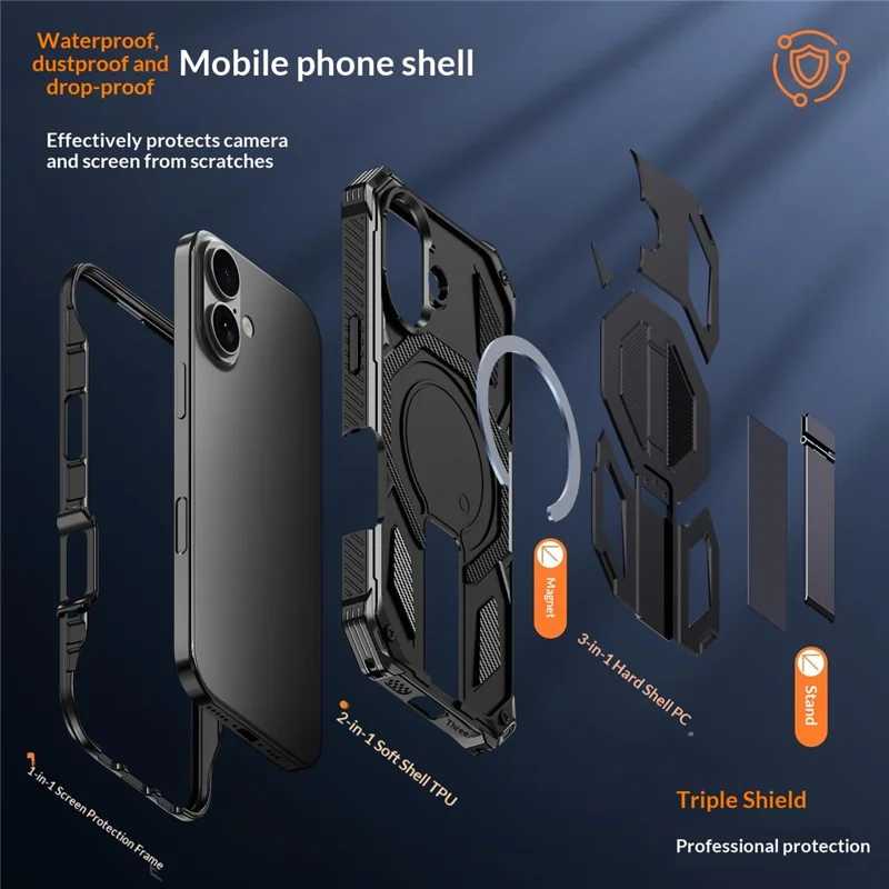 Compra al por mayor de funda con soporte para iPhone 16 compatible con MagSafe, resistente a caídas y al polvo, cubierta de teléfono de PC + TPU - Negro