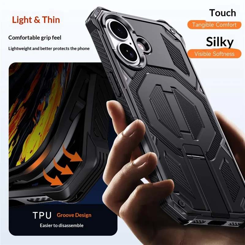 Compra al por mayor de funda con soporte para iPhone 16 compatible con MagSafe, resistente a caídas y al polvo, cubierta de teléfono de PC + TPU - Negro