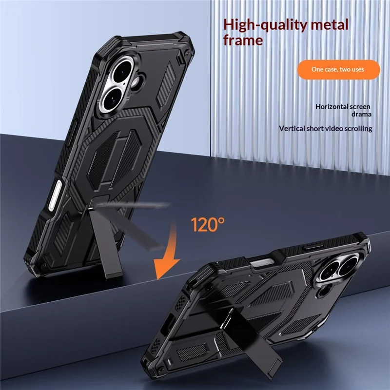 Compra al por mayor de funda con soporte para iPhone 16 compatible con MagSafe, resistente a caídas y al polvo, cubierta de teléfono de PC + TPU - Negro