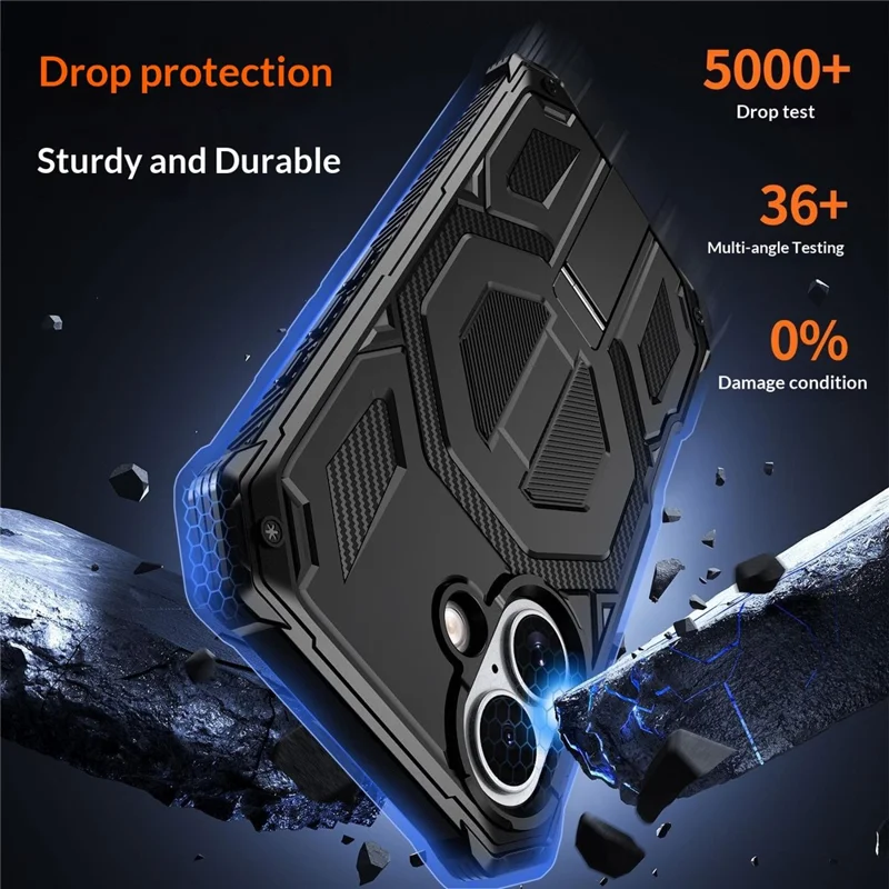 Compra al por mayor de funda con soporte para iPhone 16 compatible con MagSafe, resistente a caídas y al polvo, cubierta de teléfono de PC + TPU - Negro