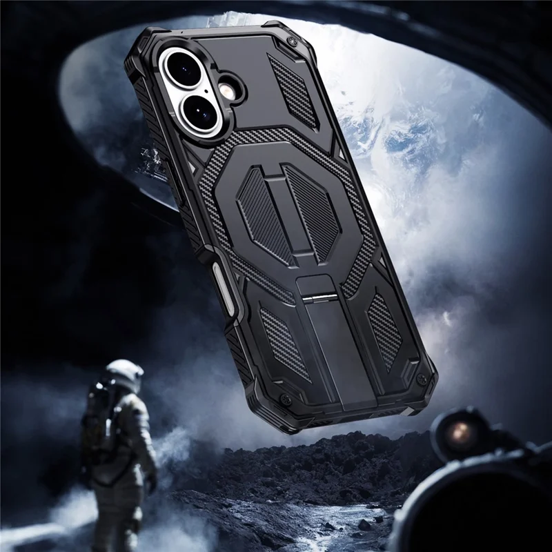 Compra al por mayor de funda con soporte para iPhone 16 compatible con MagSafe, resistente a caídas y al polvo, cubierta de teléfono de PC + TPU - Negro