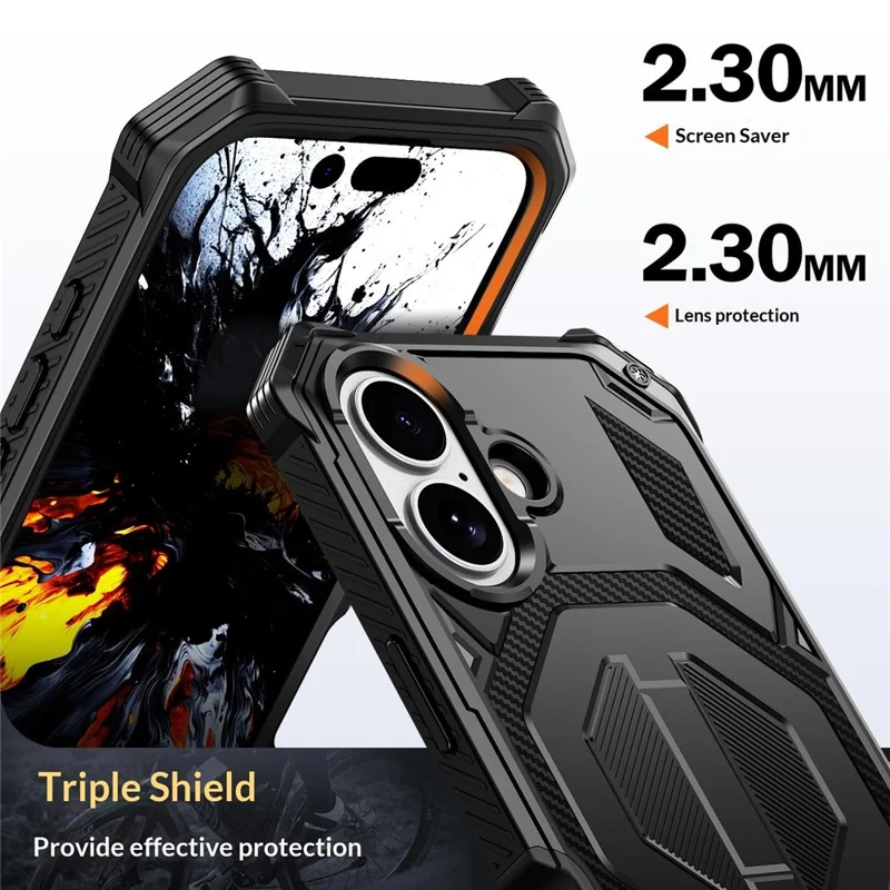 Compra al por mayor de funda con soporte para iPhone 16 compatible con MagSafe, resistente a caídas y al polvo, cubierta de teléfono de PC + TPU - Negro