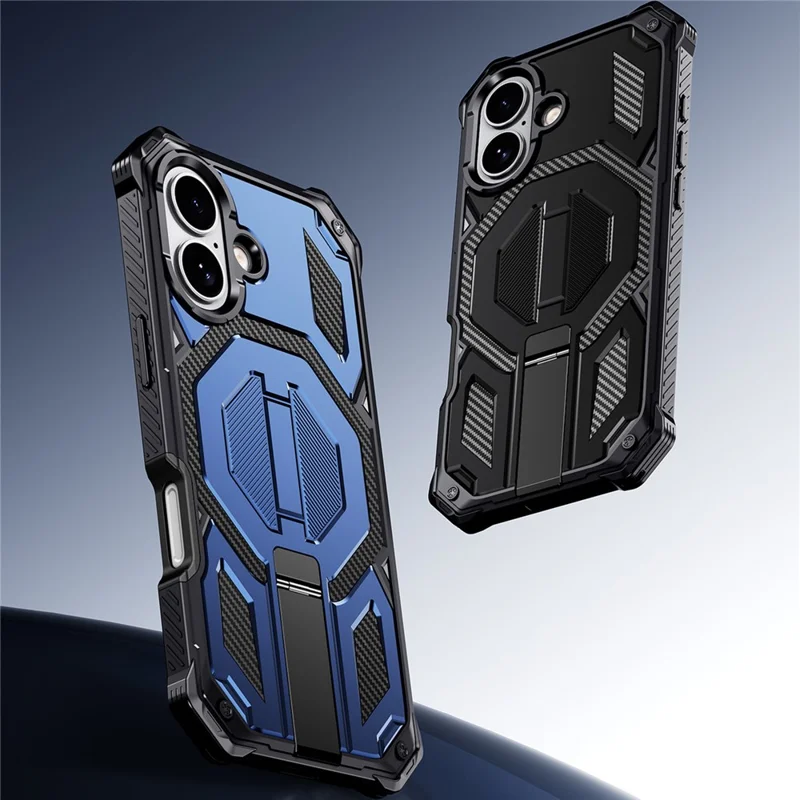 Compra al por mayor de funda con soporte para iPhone 16 compatible con MagSafe, resistente a caídas y al polvo, cubierta de teléfono de PC + TPU - Negro
