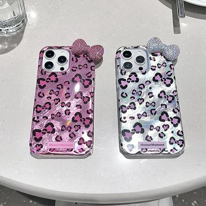For iPhone 16 Pro Hybrid Case Leopard Bow Pattern TPU PC Phone Cover 3D Rhinestone Bowknot Decor - Silver