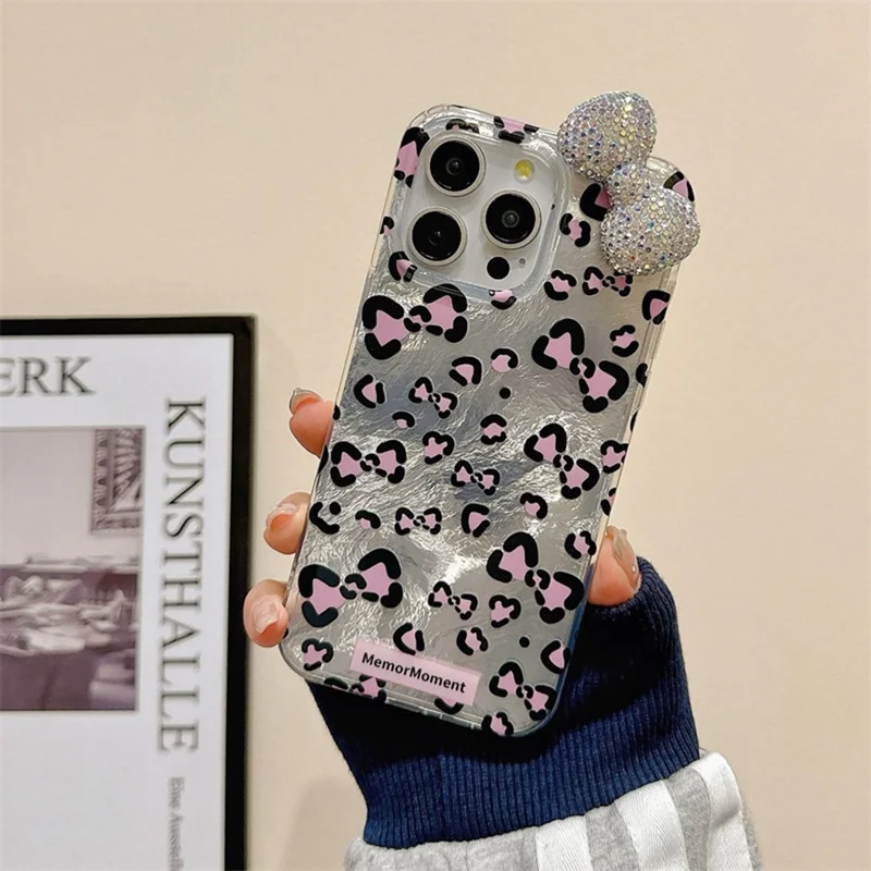 For iPhone 15 Pro Hybrid Case Leopard Bow Pattern TPU PC Phone Cover 3D Rhinestone Bowknot Decor - Silver