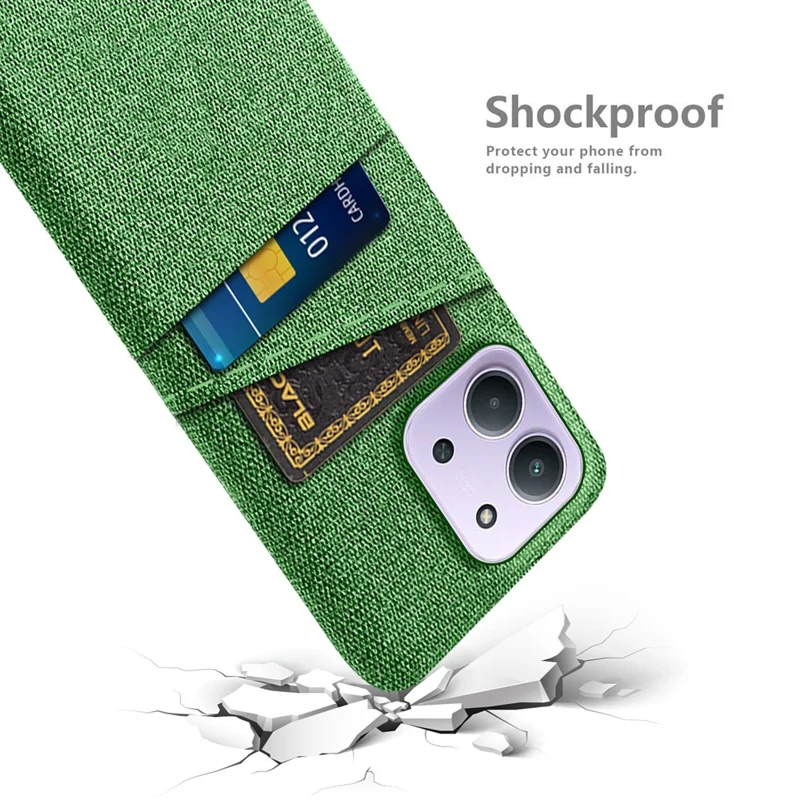 Phone Case for Xiaomi Redmi 15C 4G (EU) (173mm) / Redmi 15C 5G (EU) (173mm) / Poco C85 4G (173mm) Cloth + Hard PC Cover with Dual Card Slots - Green