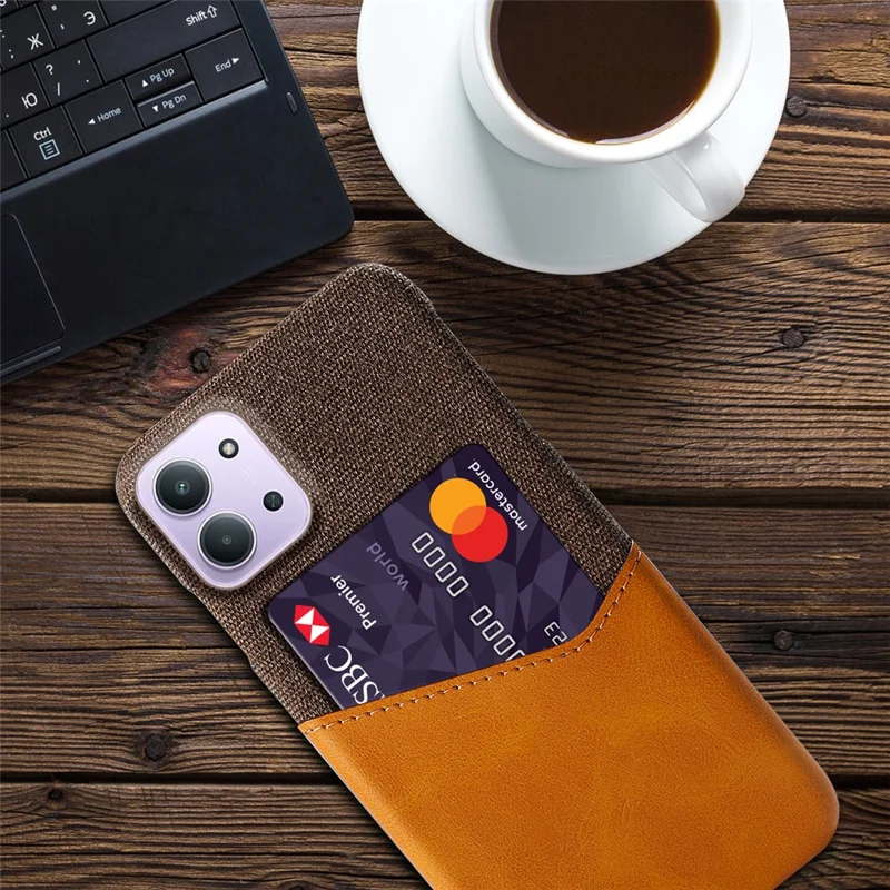 Phone Case for Xiaomi Redmi 15C 4G (EU) (173mm) / Redmi 15C 5G (EU) (173mm) / Poco C85 4G (173mm) PU Leather Cloth Texture Hard PC Cover with Card Holder - Orange