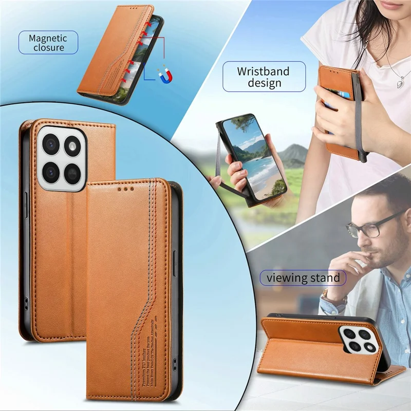 Telefoonhoesje voor Honor 400 Smart 5G / 400 Smart 4G / X7d 4G / X7d 5G Portemonnee Leren Hoesje met Driekleurige Steek en Elastische Polsband - Bruin
