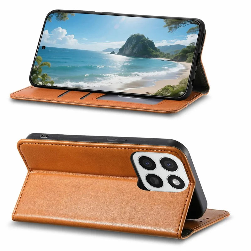 Telefoonhoesje voor Honor 400 Smart 5G / 400 Smart 4G / X7d 4G / X7d 5G Portemonnee Leren Hoesje met Driekleurige Steek en Elastische Polsband - Bruin