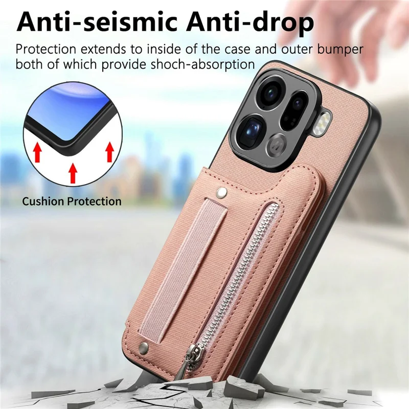 For Oppo Find X9 Pro 5G Case RFID Blocking Card Holder Jeans Cloth Texture Leather Back Cover with Elastic Wristband - Pink