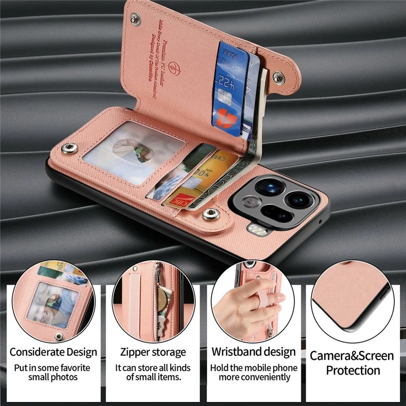 For Oppo Find X9 Pro 5G Case RFID Blocking Card Holder Jeans Cloth Texture Leather Back Cover with Elastic Wristband - Pink