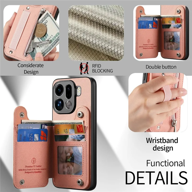 For Oppo Find X9 Pro 5G Case RFID Blocking Card Holder Jeans Cloth Texture Leather Back Cover with Elastic Wristband - Pink
