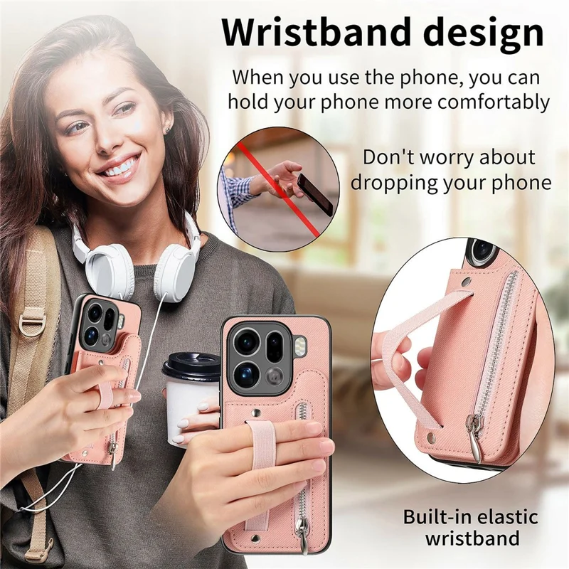 For Oppo Find X9 Pro 5G Case RFID Blocking Card Holder Jeans Cloth Texture Leather Back Cover with Elastic Wristband - Pink