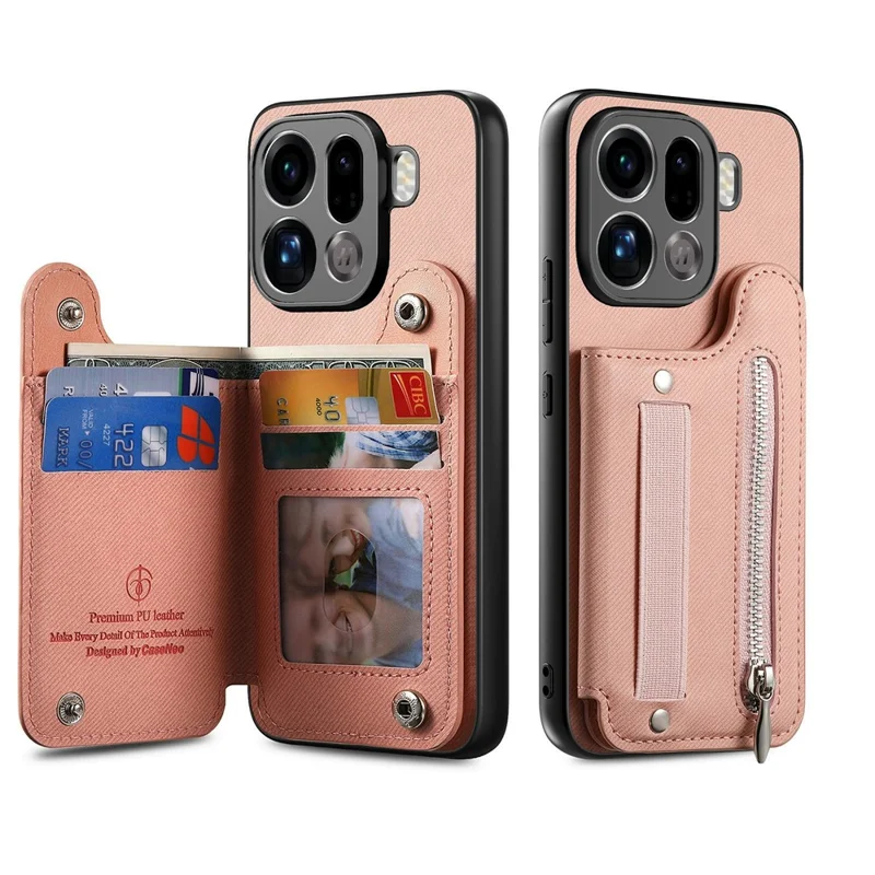 For Oppo Find X9 Pro 5G Case RFID Blocking Card Holder Jeans Cloth Texture Leather Back Cover with Elastic Wristband - Pink